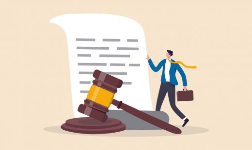 Illustration of businessman next to gavel and legal document